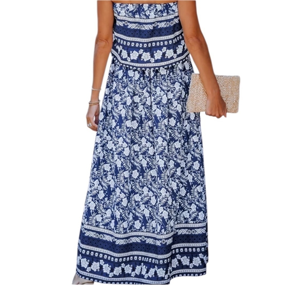 NWT CUPSHE Blue & White Sleeveless Floral Print Midi Tube Dress Size Small - Picture 3 of 4